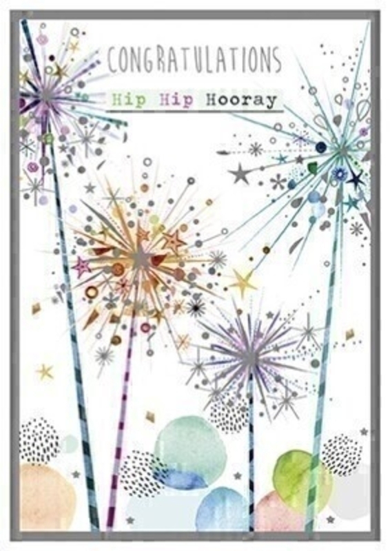 This colourful greetings card from Paper Rose has a picture of sparklers on the front celebrating with CONGRATULATIONS Hip Hip Hooray written on the front. The card has Fantastic news! inside and it comes complete with pink envelope.  A lovely little card to send to someone who is celebrating.